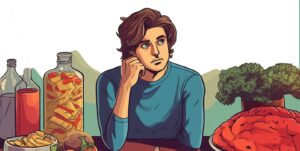Illustration: Mann grübelt am Esstisch zwischen gesunden und ungesunden Lebensmitteln