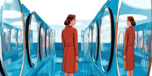 Illustration: Frau betrachtet ihr Spiegelbild – Symbol für Selbstbild und Selbstbehauptung